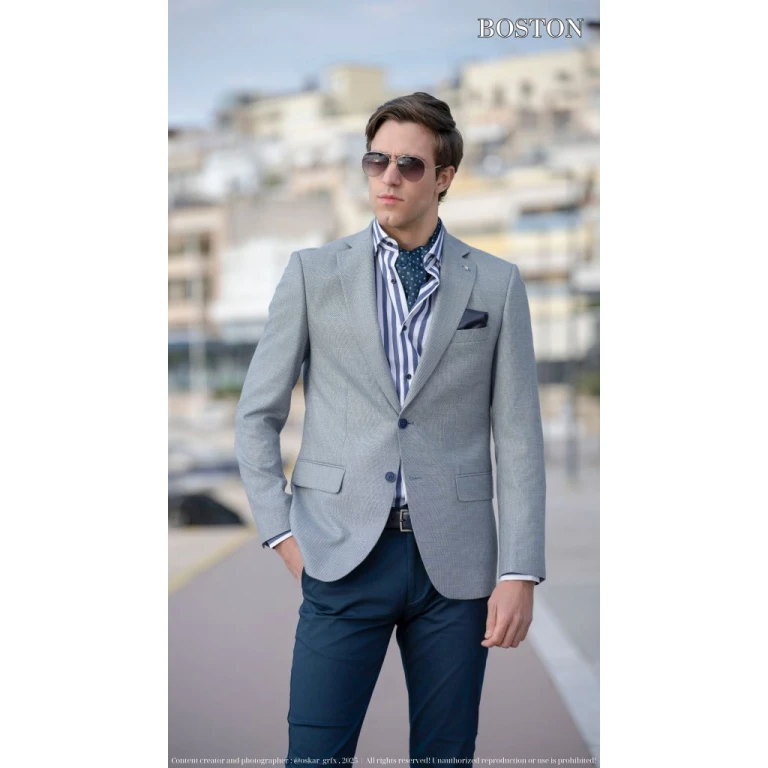 Ανδρικό σακάκι 2 κουμπιά slim fit - γκρι-μπλε - BOSTON